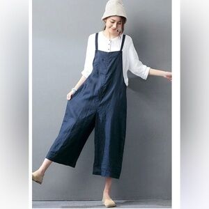 Fantasylinen Navy Linen Casual Loose Overalls Trousers Fashion Jumpsuit
